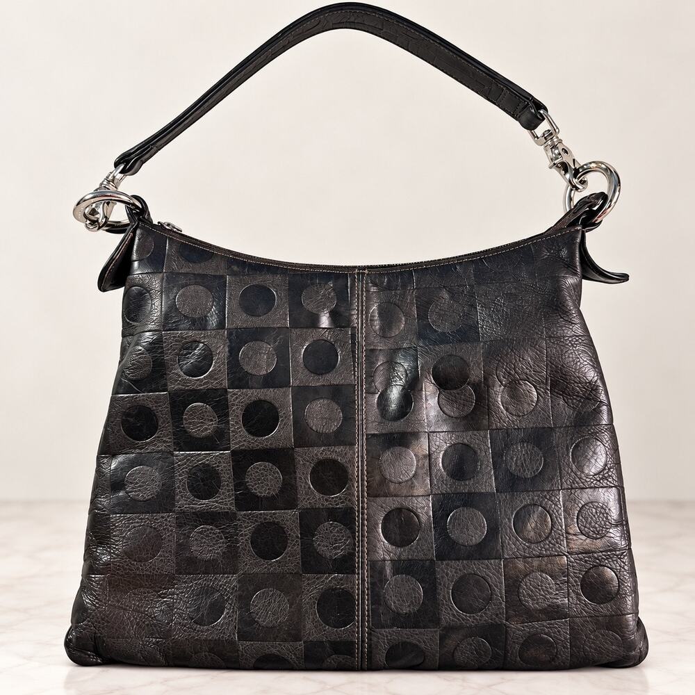 Brown Leather Patchwork Hobo Bag Embossed Circle Silver Hardware Y2K Purse